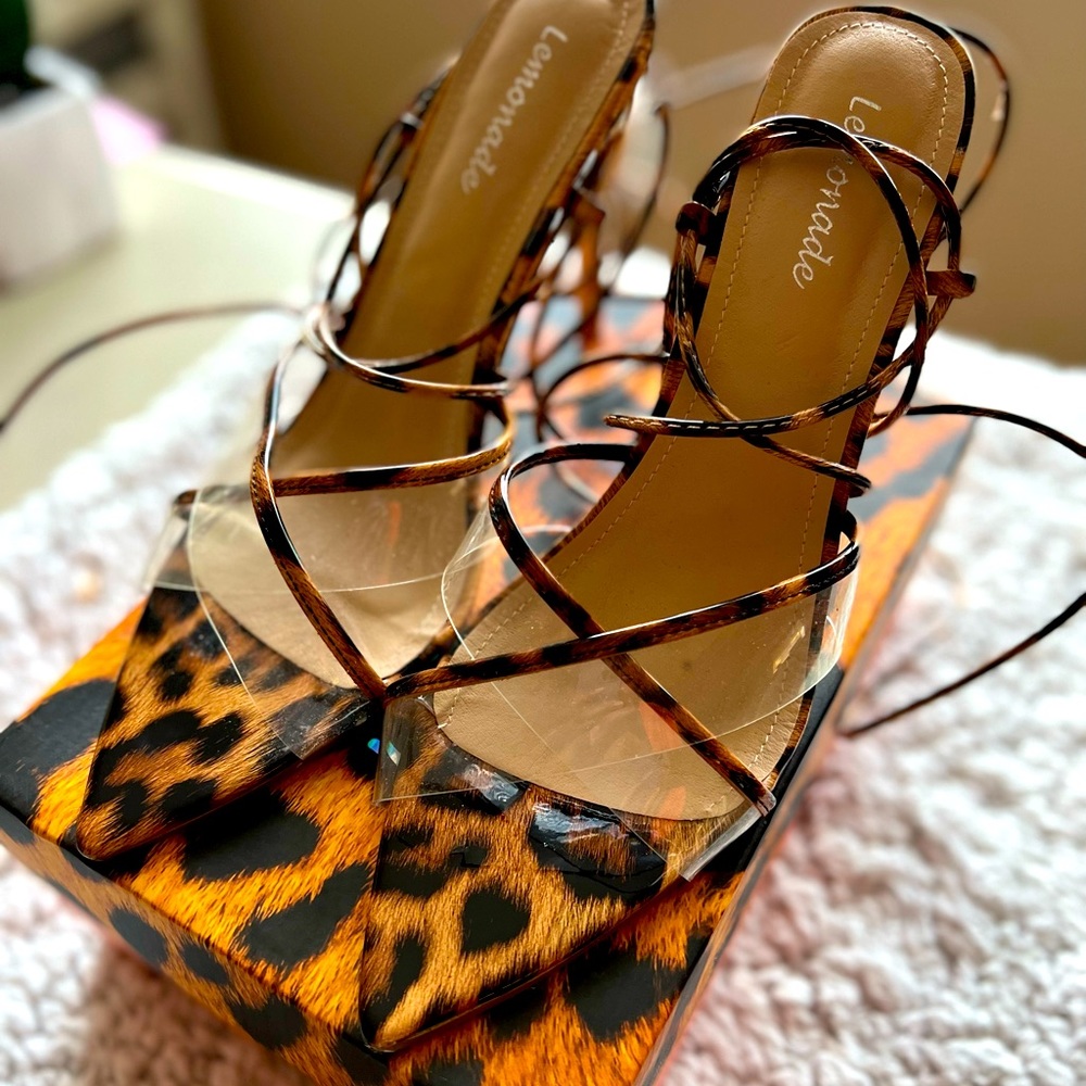 Size 11 strappy tie up leopard stilettos